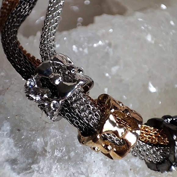 Multi Tri Colored Metal Mesh Tube Rhinestone Bracelet Gold Silver Tone Gunmetal - Picture 6 of 7